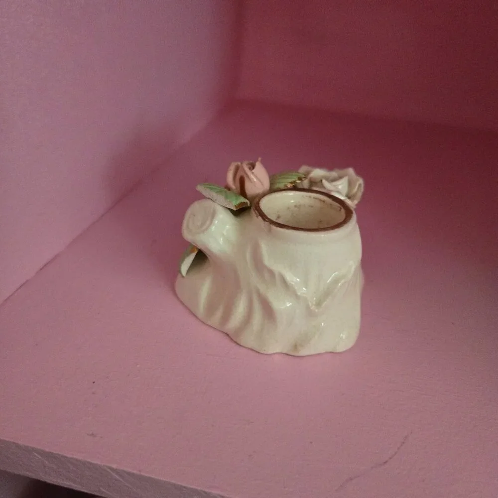 Vintage Porcelain Rose Candlestick Holder Cottagecore Romantic Victorian Style